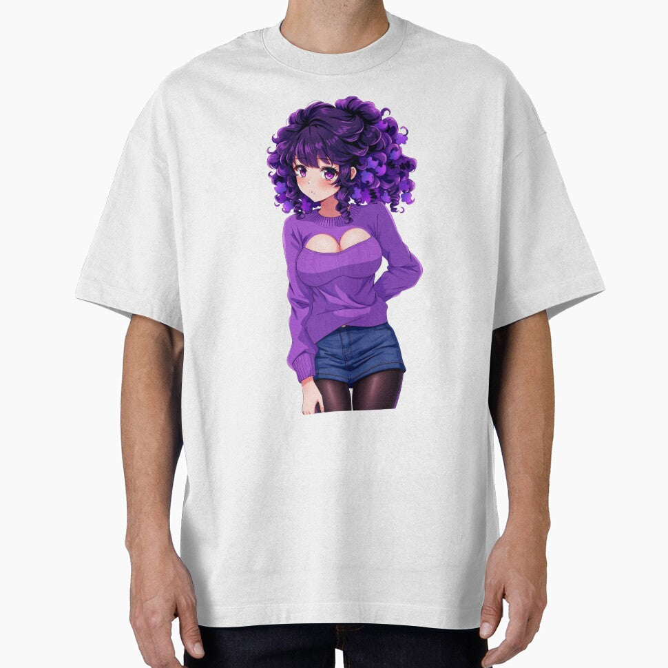 Curly-haired anime girl wears purple sweater with gentle expression by BiranoVule