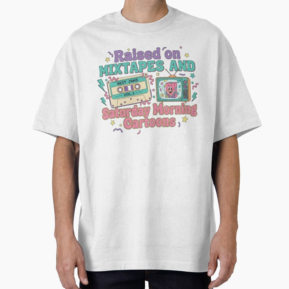 Retro 80s 90s Nostalgia, funny gen x saying Raised on Mixtapes and Saturday Morning Cartoons by LuxeGraphix