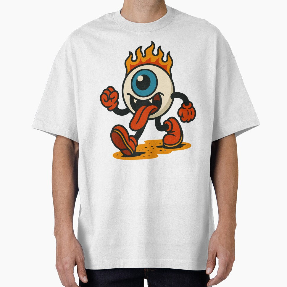 Flaming Eyeball Cartoon "Feed Me" Funny Monster Graphic Design by brexastore