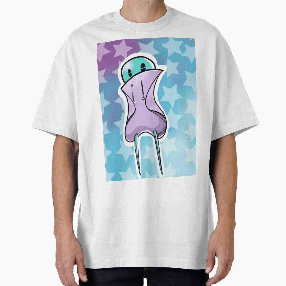 Cute Turquoise Alien Character Wearing Purple Oversized Hoodie by AstroOceania