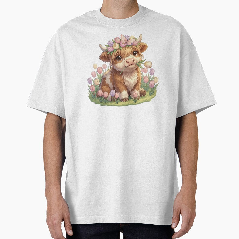 Moo In Bloom Pastel Tulip Crown Highland Cow Calf by HumTumMe