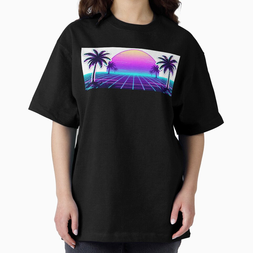 Neon Synthwave City Sunset - 80s Retro Glitch Aesthetic by PratikG24