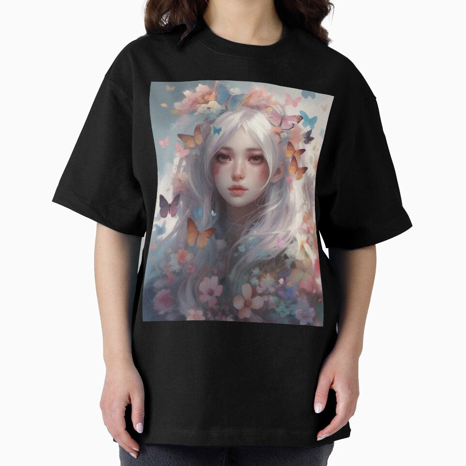 Dreamy Girl Portrait with Long White Hair and Colourful Butterflies #3 by harajukuai