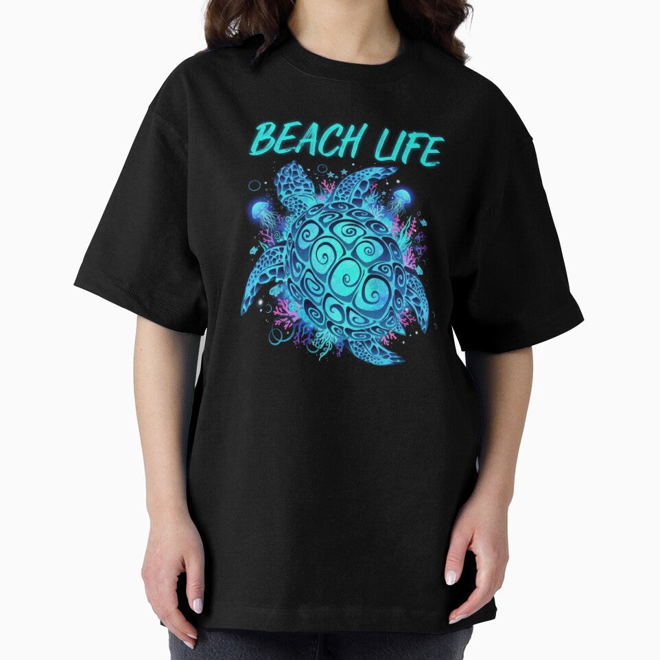 Neon Beach Life Sea Turtle with Bioluminescent Coral and Jellyfish by zoughlal