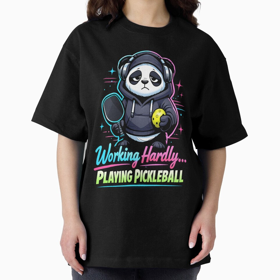 Working Hardly Playing Pickleball Panda Neon Lo-fi Art by Xemora
