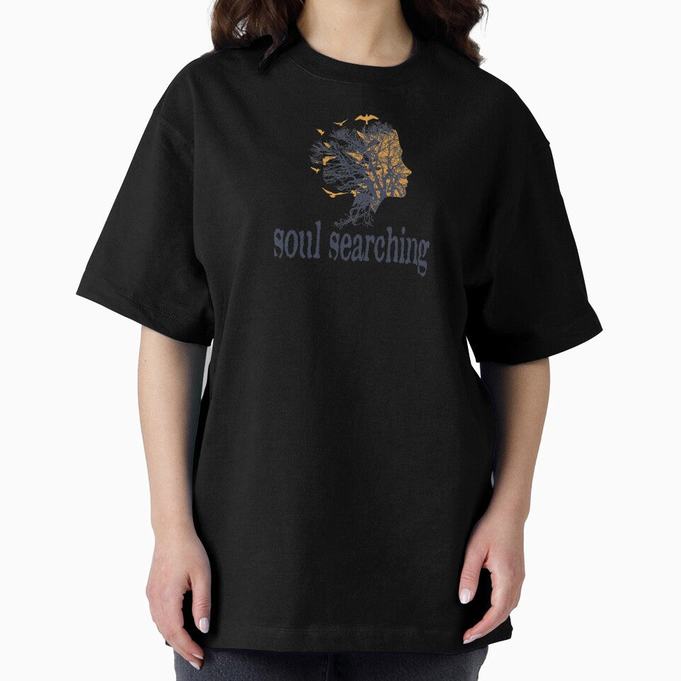 a full tree with branches and roots embedded like a vein into a woman's head in side view breaking into flying birds with soul searching text design by Bees-Honey-Gift