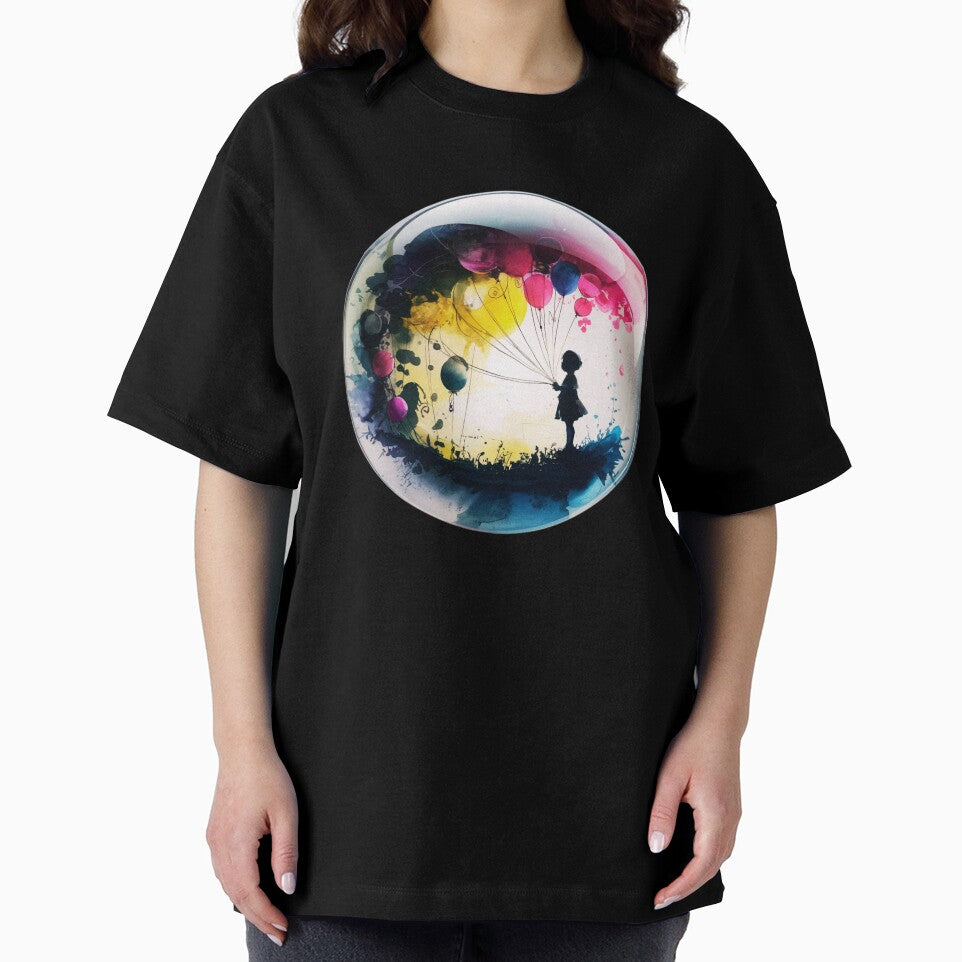 The child is silhouetted against the space, which is filled with balloons by aipaint