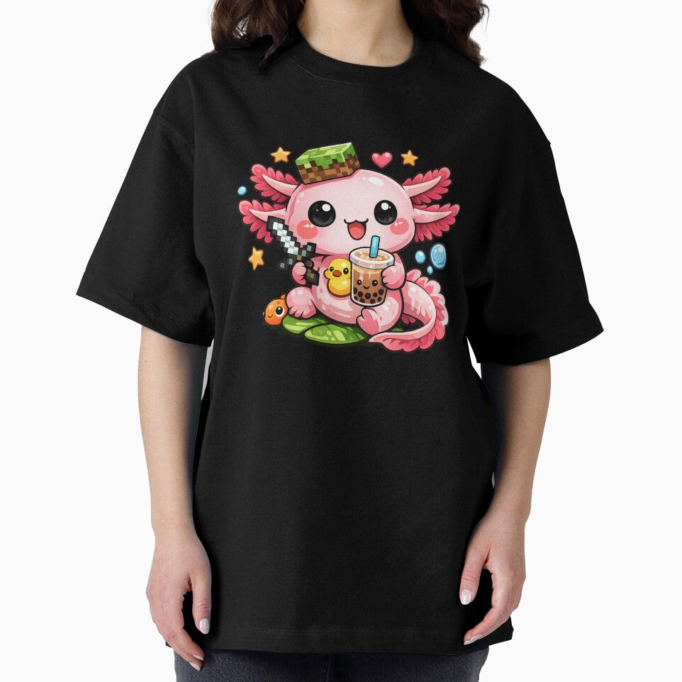 Cute Gamer Axolotl Drinking Bubble Tea Kawaii Fantasy Art by RetroPop23