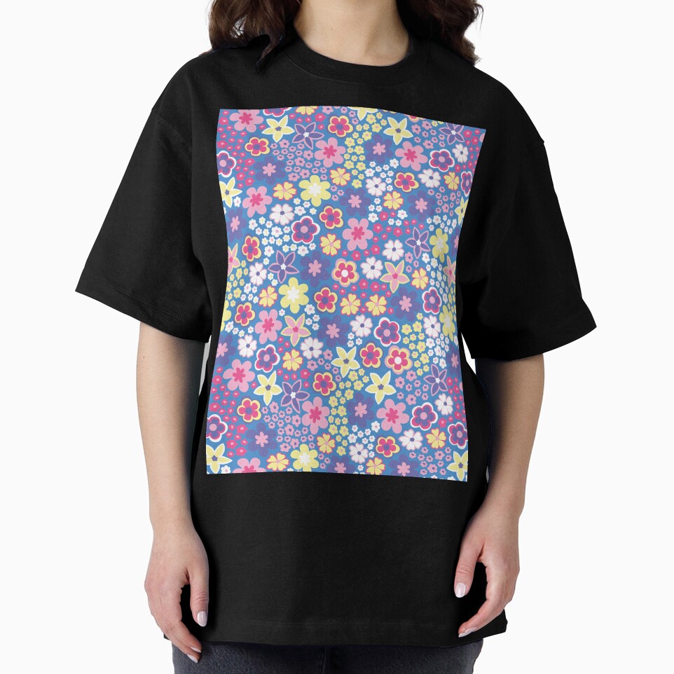 Blue Pastel 60s retro flower power, purple, pink, pastel yellow, 60s groovy pattern, hippie flowers by blomastudios