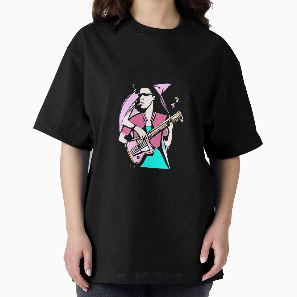 "The Guitar-Playing Woman in a Pink Blouse and Emerald Dress" by FunnyShopGirl
