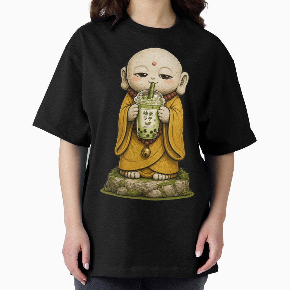 Jizō Drinking Matcha Bubble Tea | Japanese Guardian Statue Café Art by TheTrendsDesk