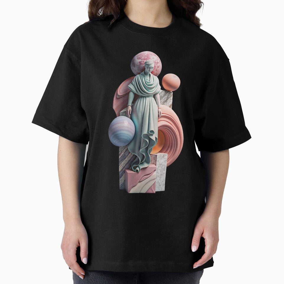 Ethereal woman statue surrounded by colorful planets and geometric shapes by Creative88Art
