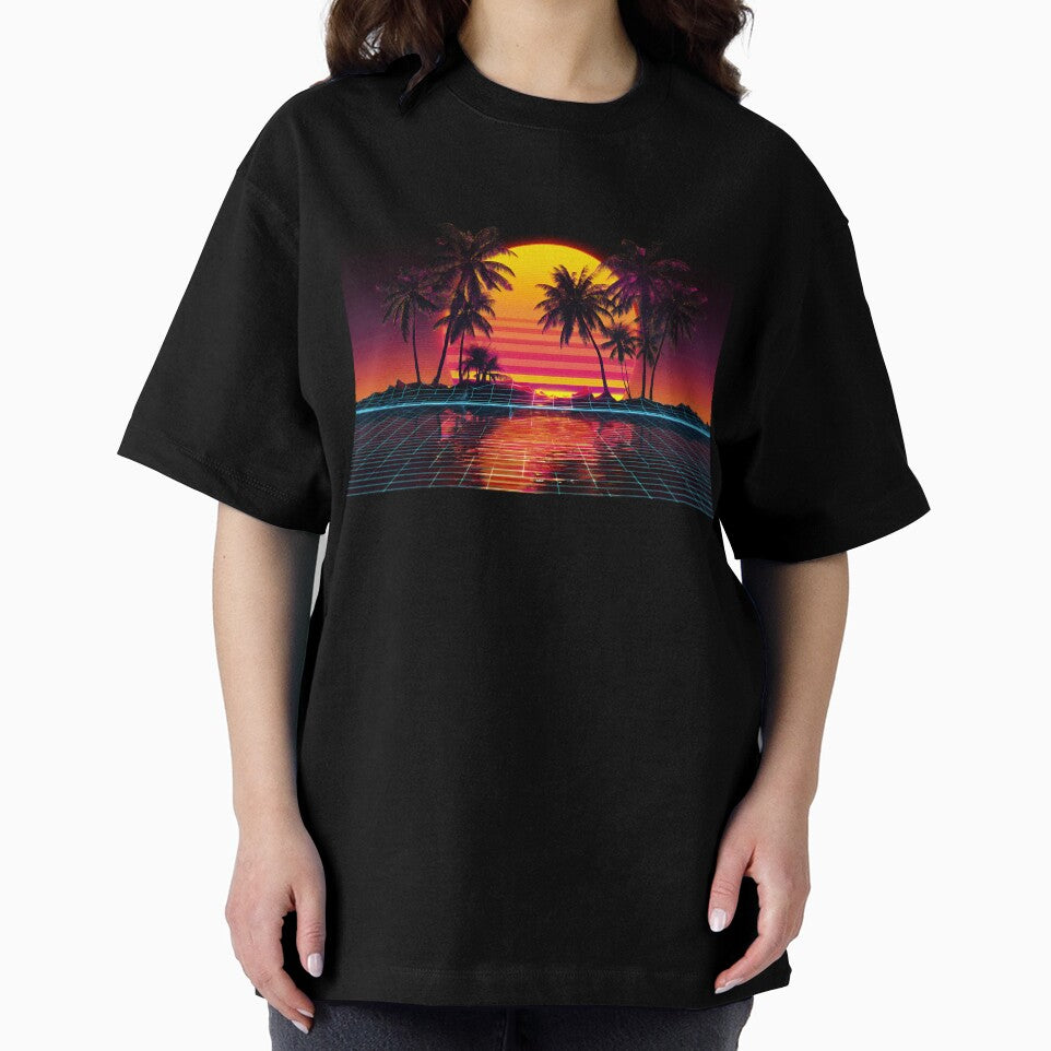 Magenta Neon Palm Trees Reflecting in Starry Retrowave Grid Sunset by EK-World