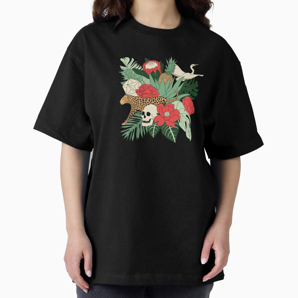 Floral tropical leaves and fruits with bird, leopard and skull by Sasa Elebea by Sabrina Brugmann
