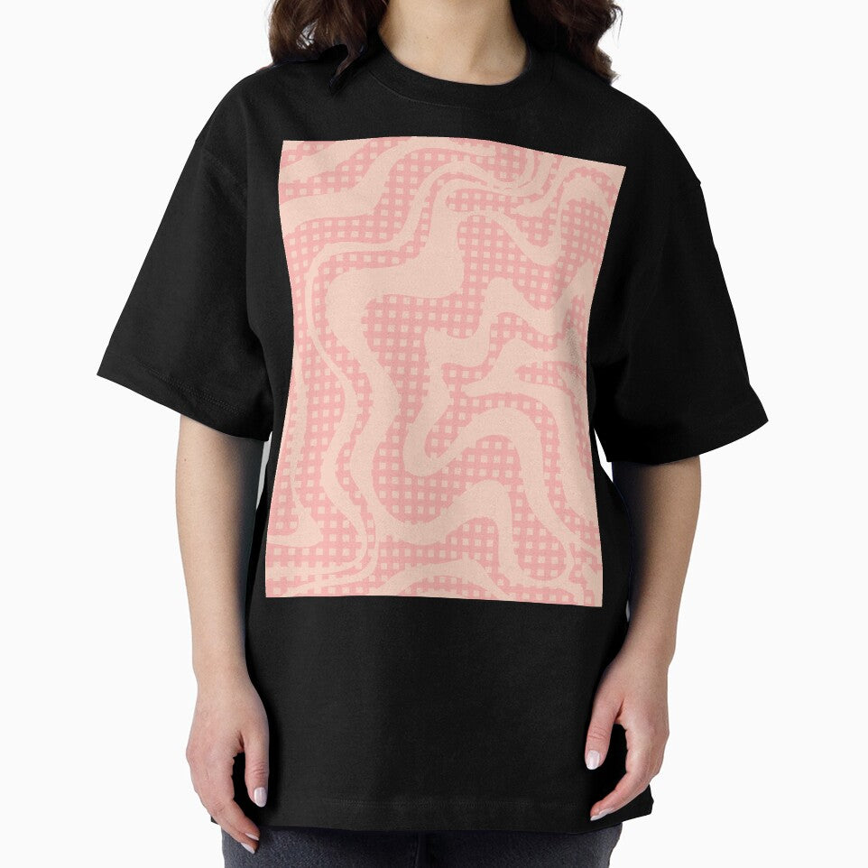 Retro Liquid Swirl Abstract Gingham Check Pattern in Soft Pastel Blush Pink by kierkegaard