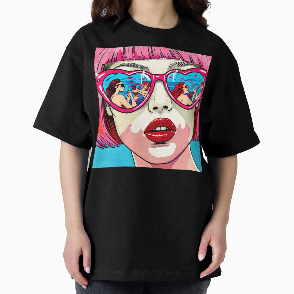 Pop Art Pink Hair Female With Heart Sunglasses by DEC02