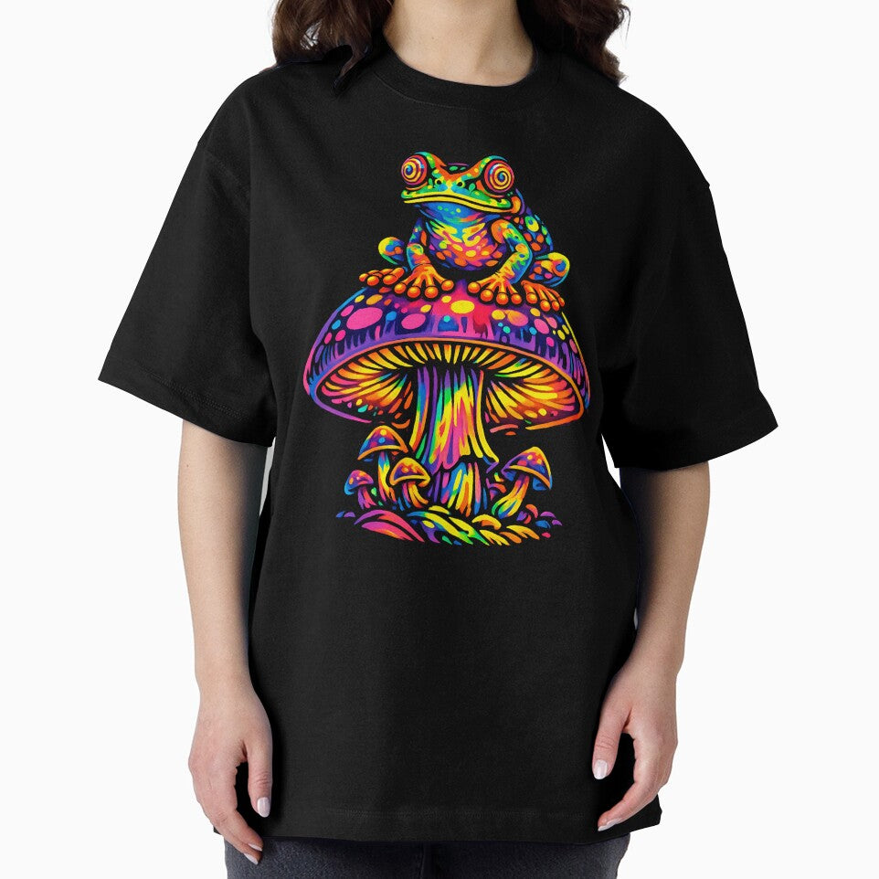 Rainbow Psychedelic Frog on Magic Mushroom – Trippy Neon Frog Illustration by RustedToad