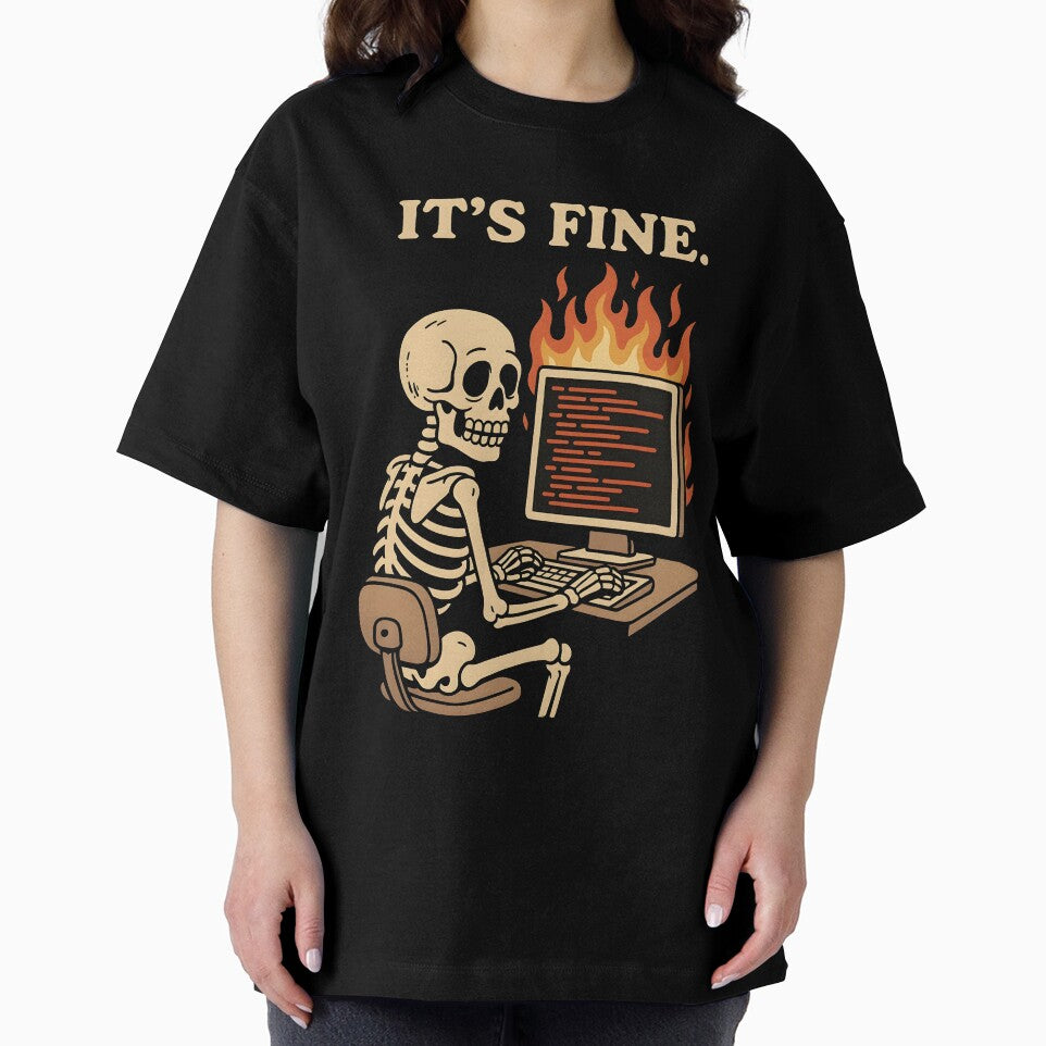 It’s Fine - Sarcastic Skeleton at Computer with Errors on Fire by Graphicarium Shop