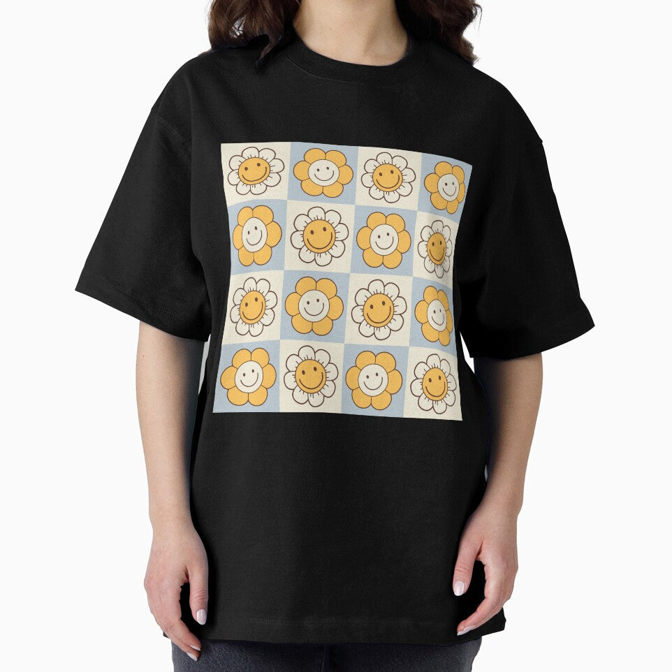 Checkered Hippie Happy Smiley Flowers by Throwtopia