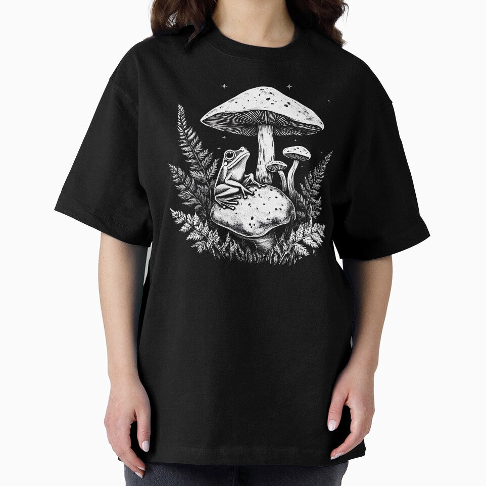 Cottagecore Frog on Mushroom – Goblincore Fern Forest Illustration T-Shirt | Whimsical Nature Aesthetic by Nyx Creates