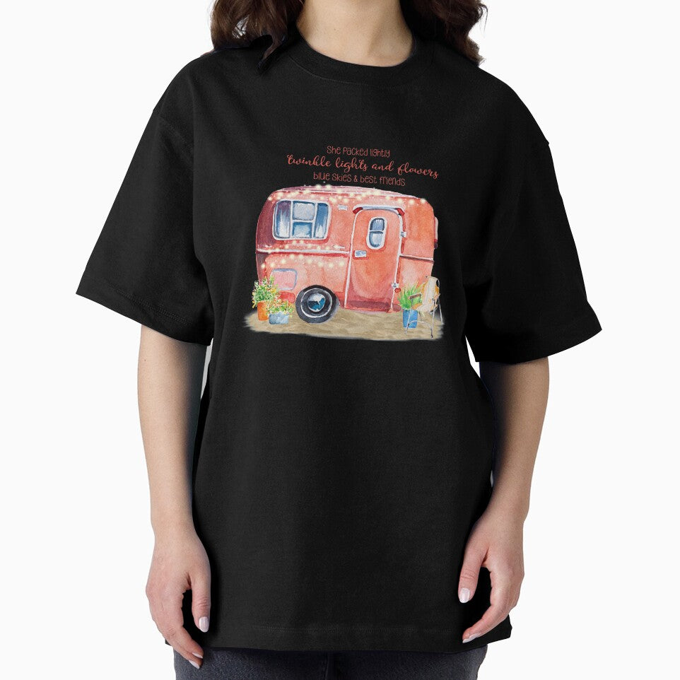 A watercolor vintage camper setting with fun quote for the lover of the glamping lifestyle - "She packed lightly, twinkle lights and flowers, blue skies and best friends". by ReefCoast