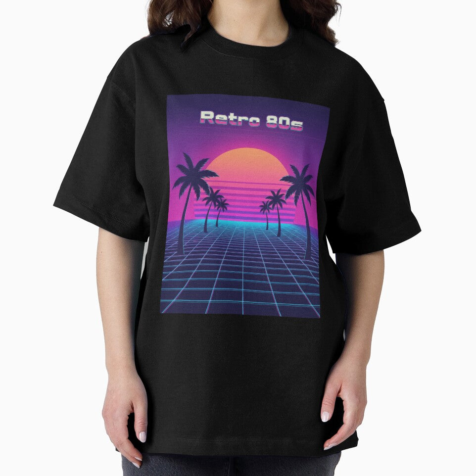 Retro 80s Synthwave Sunset with Palm Trees and Neon Grid by seven things shop