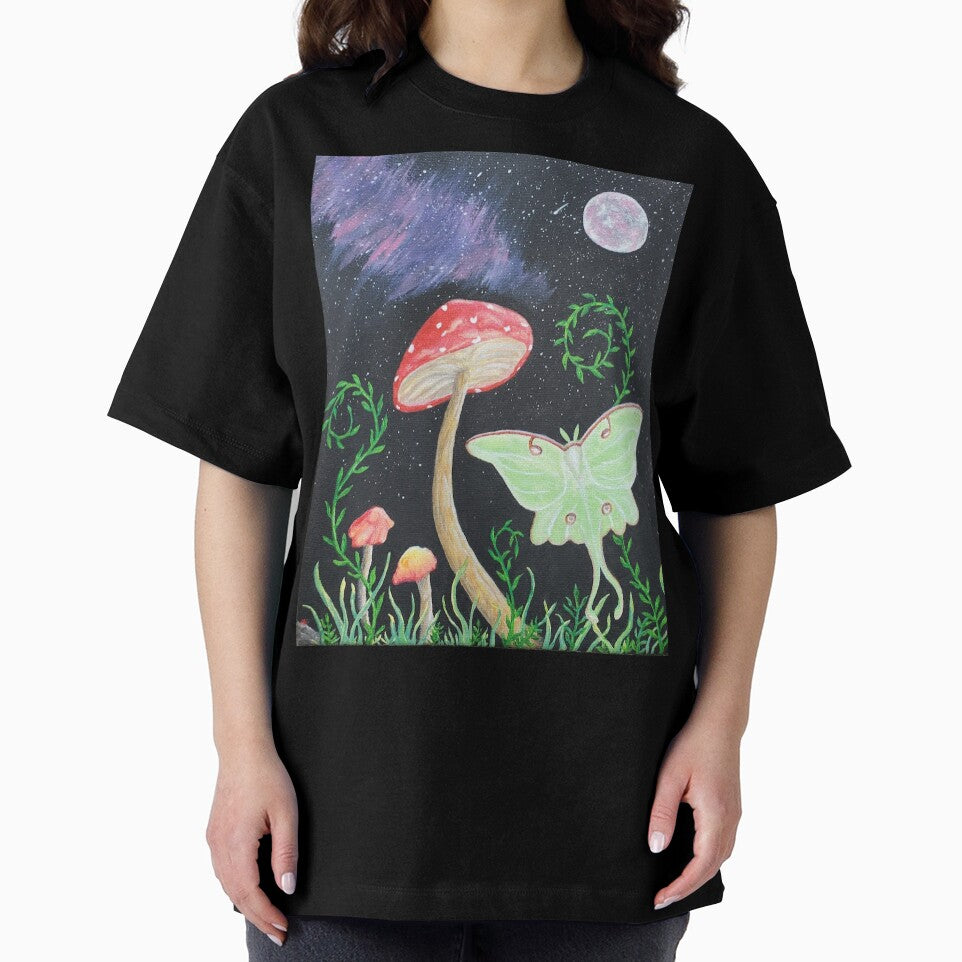 Mushrooms with a Luna moth & night sky by RavenWhite17