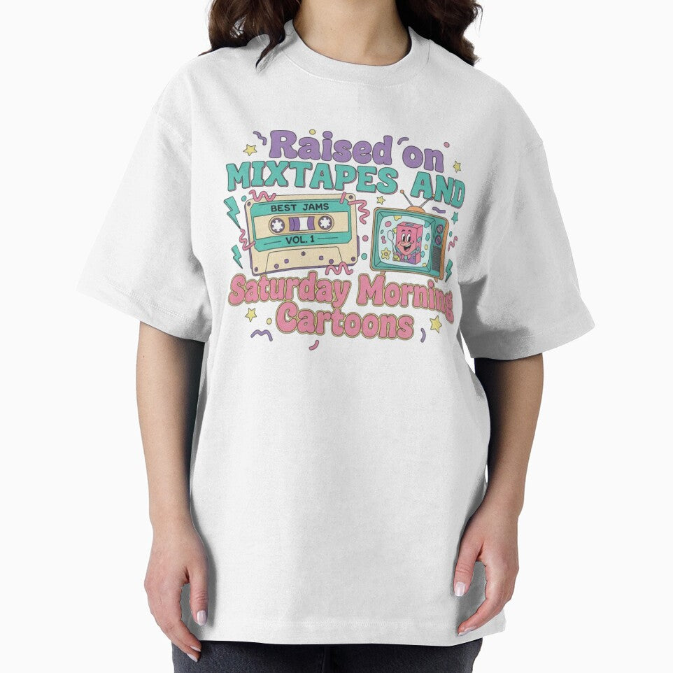 Retro 80s 90s Nostalgia, funny gen x saying Raised on Mixtapes and Saturday Morning Cartoons by LuxeGraphix