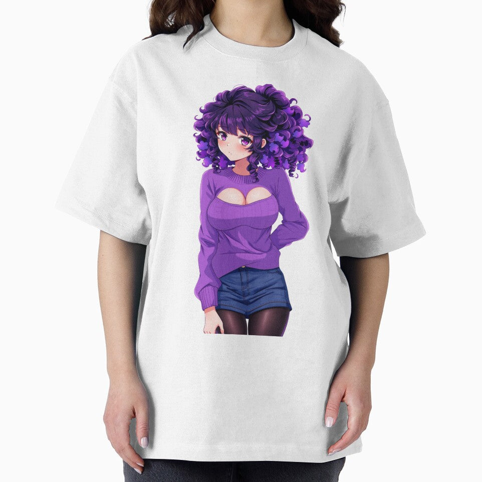 Curly-haired anime girl wears purple sweater with gentle expression by BiranoVule