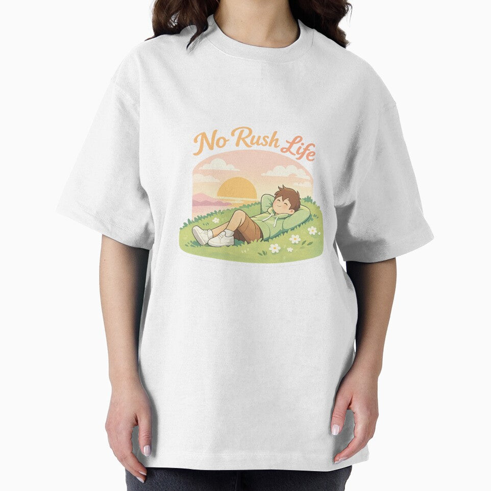 No Rush Life Aesthetic Cartoon Design | Chill Sunset Relax Vibe | Soft Life Hoodie & Sticker by irfanshikh