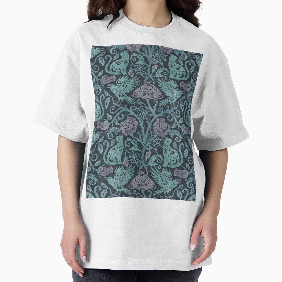 Ornate Gothic Cats Ravens Moths And Roses In Blue and Purple on Charcoal by EliveraDesigns