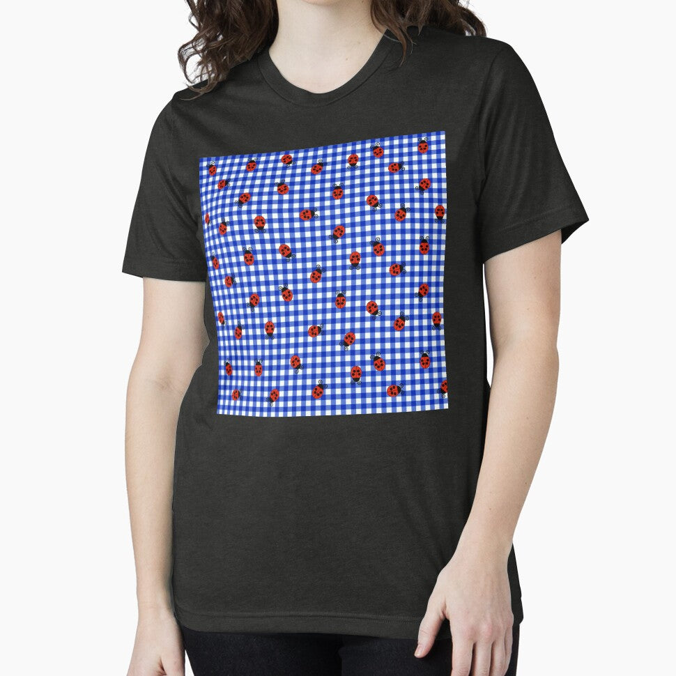 Blue And White Gingham Pattern With Cute Ladybugs by Lovemountain