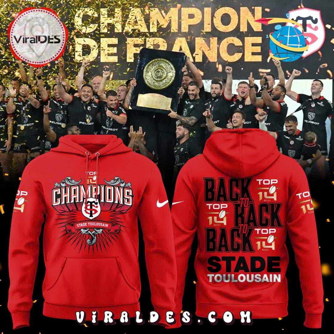 Stade Toulousain Champions 2025 Black To Back Red Hoodie