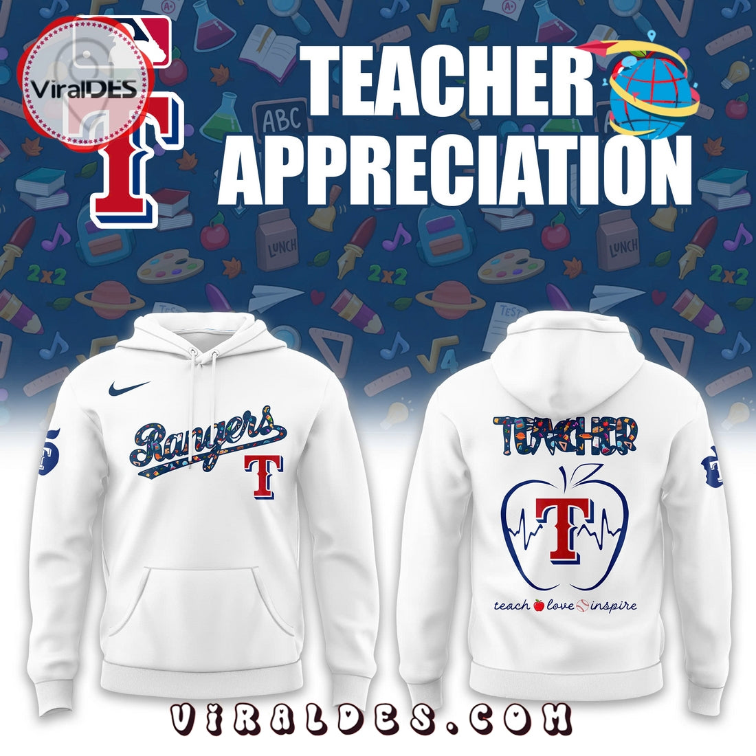 Texas Rangers 2025 Teacher Night White Hoodie