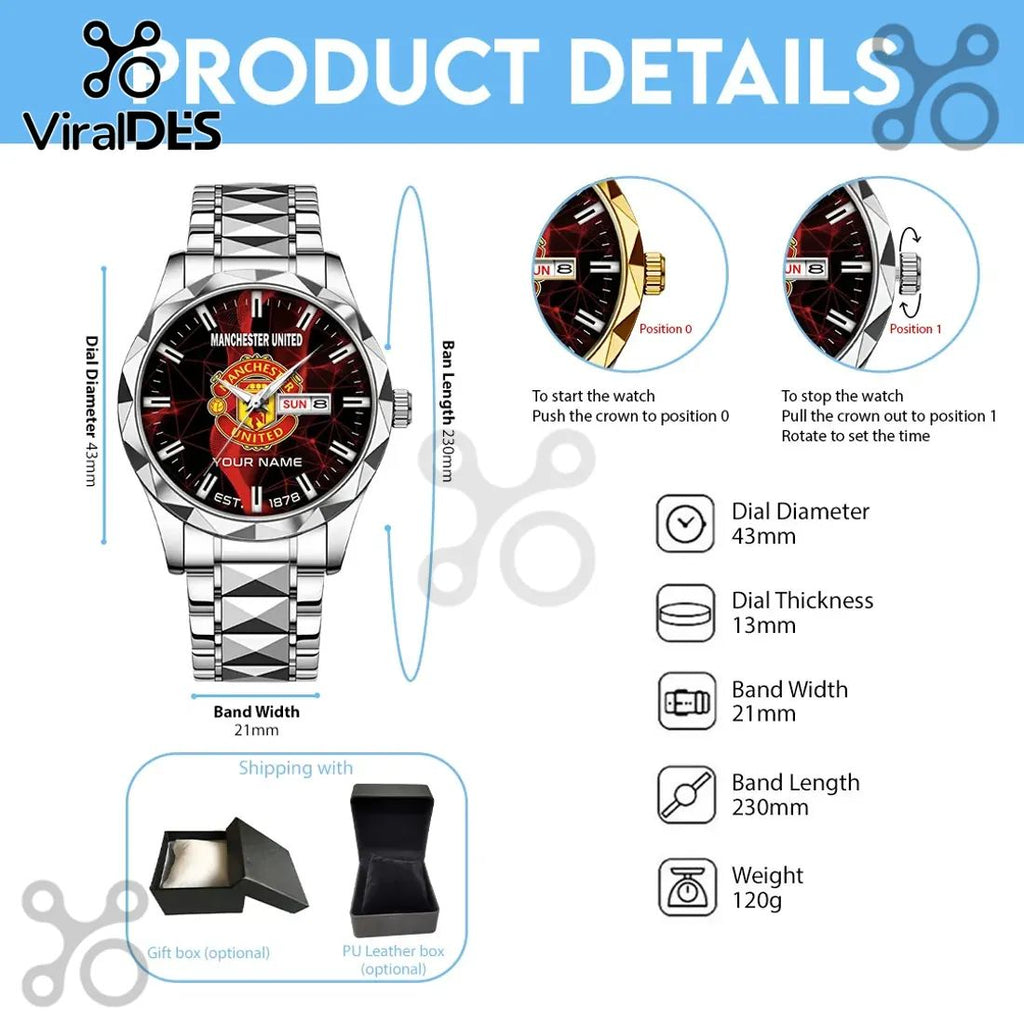 Manchester United Stainless Steel Custom Quartz Sport Wrist Watch