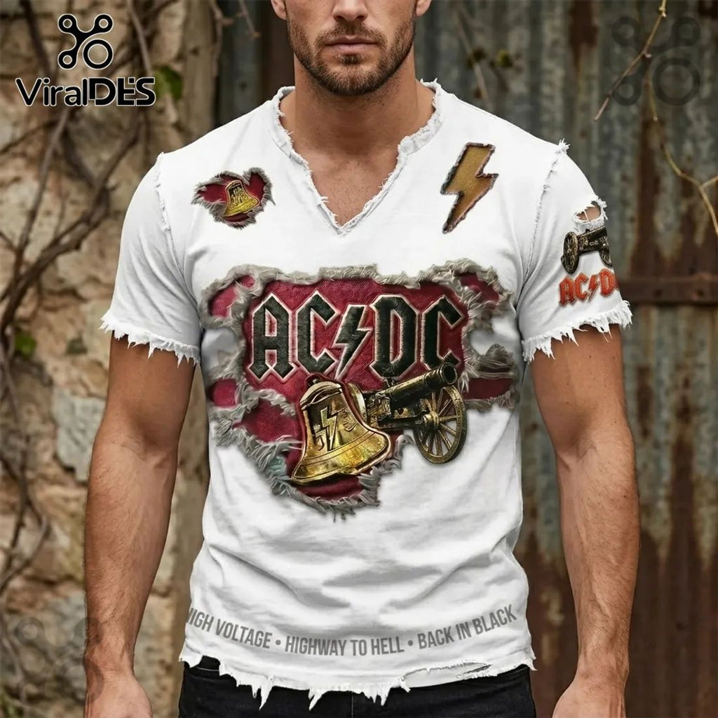 ACDC Distressed White T-Shirt with Bell and Cannon Cotton T-Shirt