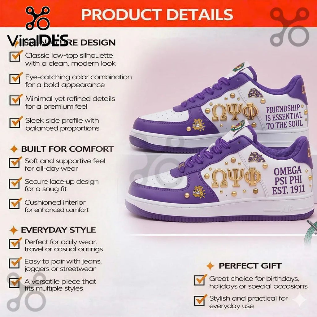 Omega Psi Phi Purple and Gold Est 1911 Custom Air Force 1 Sneakers