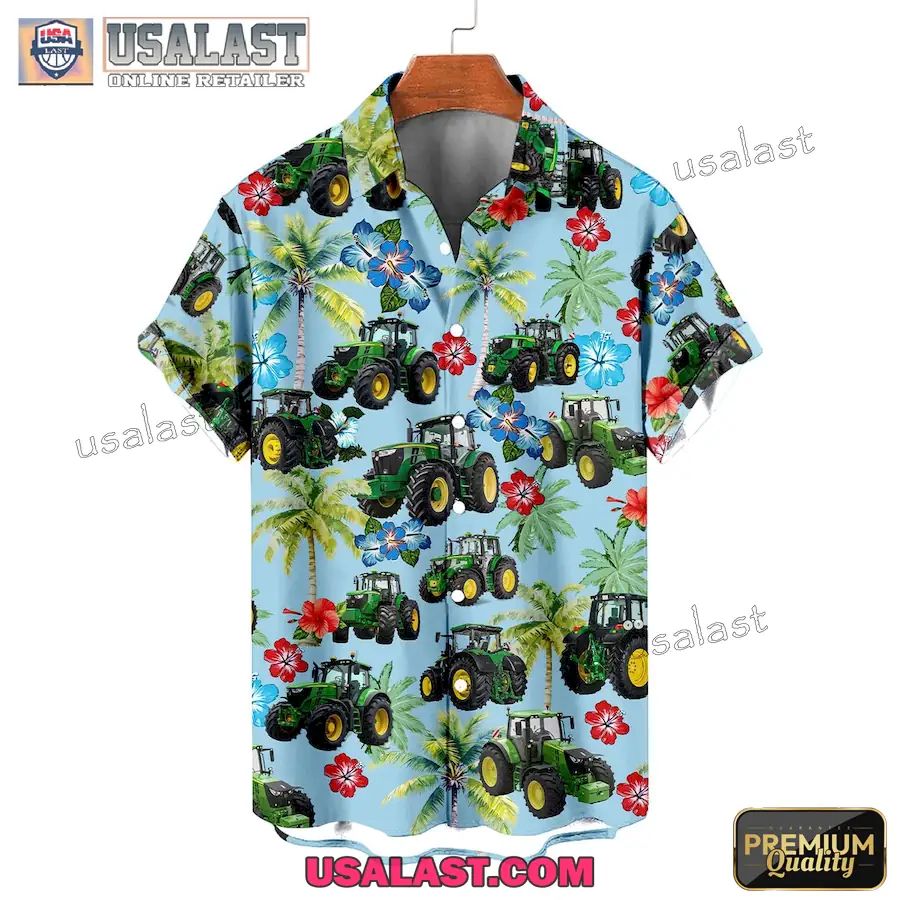 Green Tractor Tropical Hibiscus Hawaiian Shirt