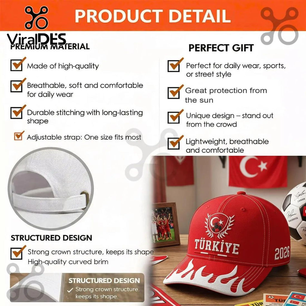 Turkey Football Fan 2026 Commemorative Embroidered Flame Design Baseball Cap