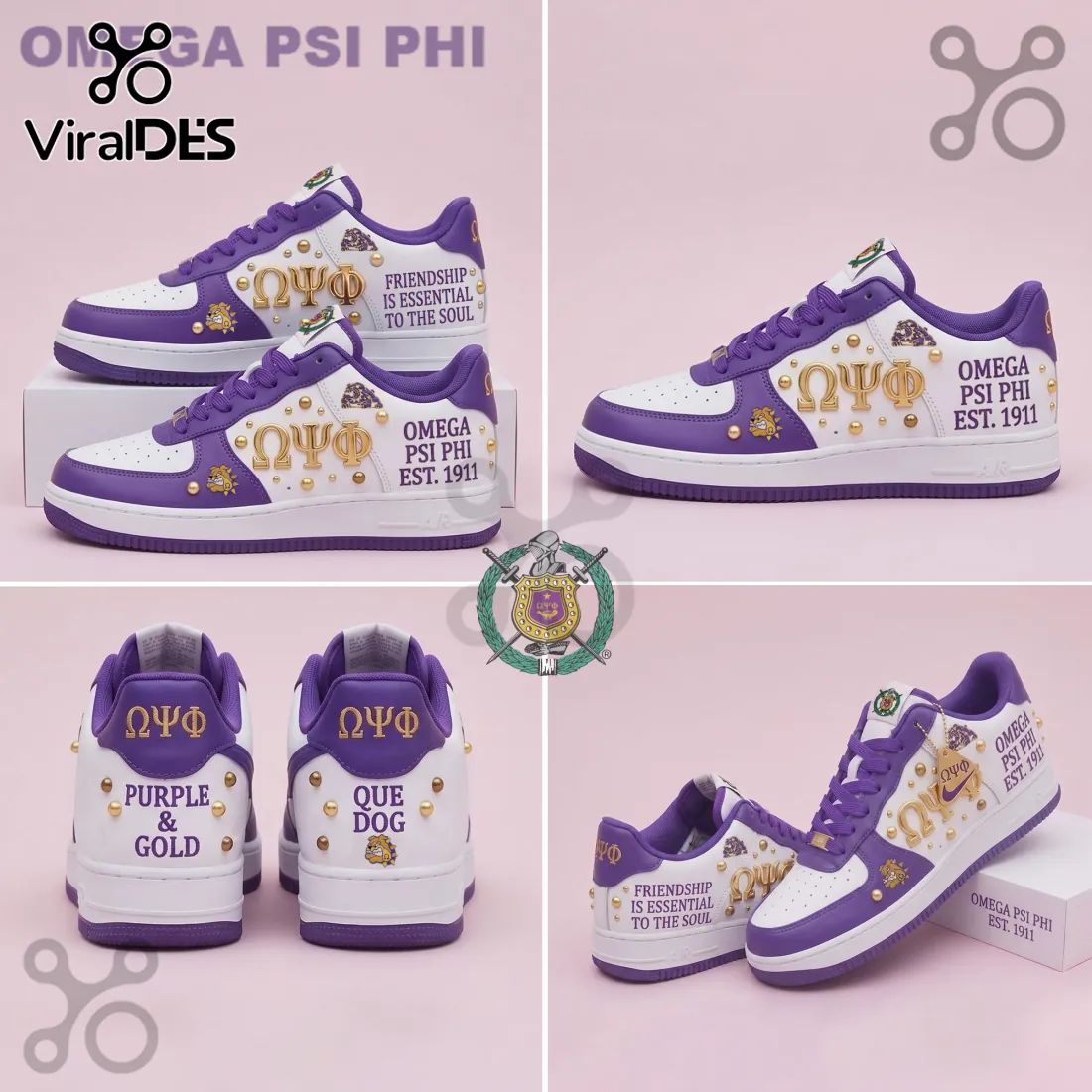 Omega Psi Phi Purple and Gold Est 1911 Custom Air Force 1 Sneakers