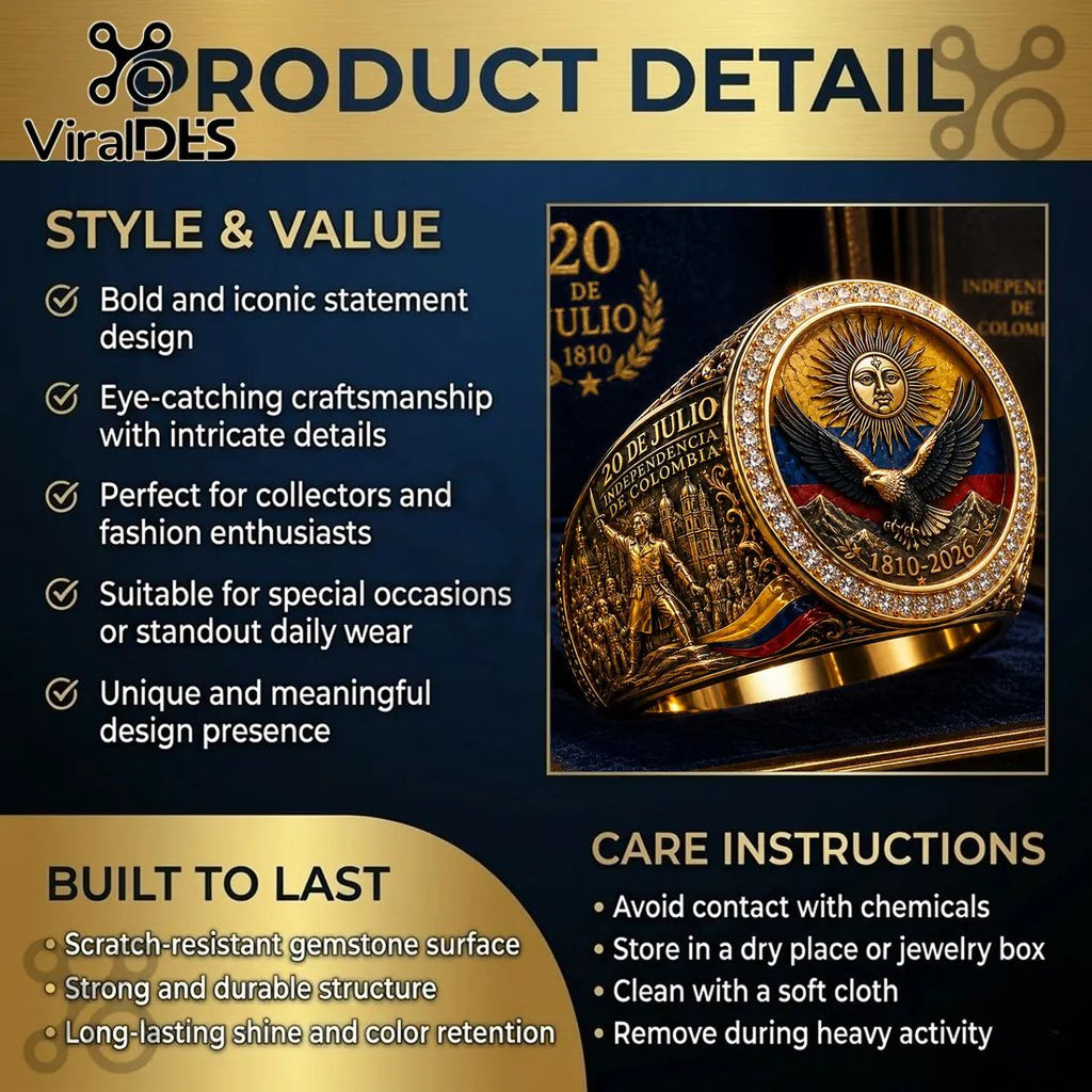 Colombia Independence Day 1810-2026 Commemorative Engraved Gold Collectible Ring