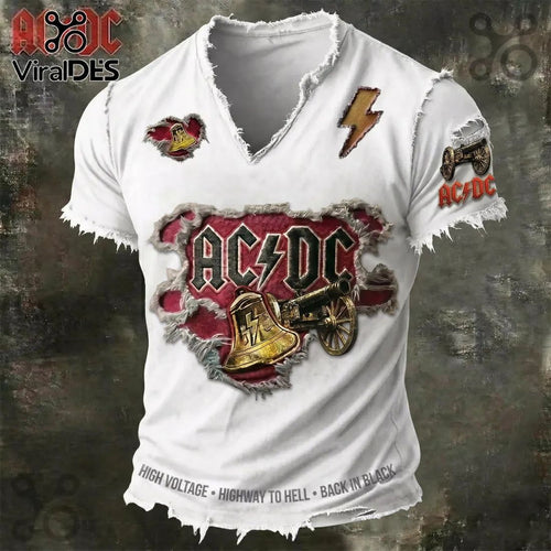 ACDC Distressed White T-Shirt with Bell and Cannon Cotton T-Shirt