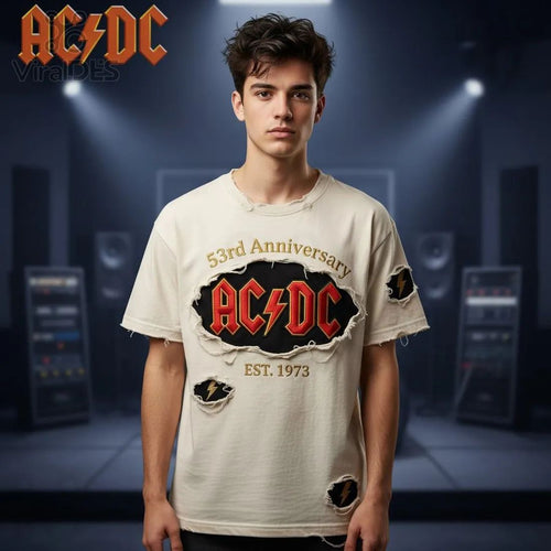 AC/DC 53rd Anniversary Vintage Distressed Embroidered Rock Band T-Shirt
