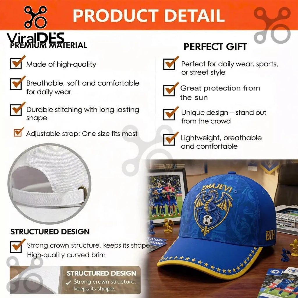 Bosnia Herzegovina Zmajevi Football Dragon Embroidered Premium Baseball Cap