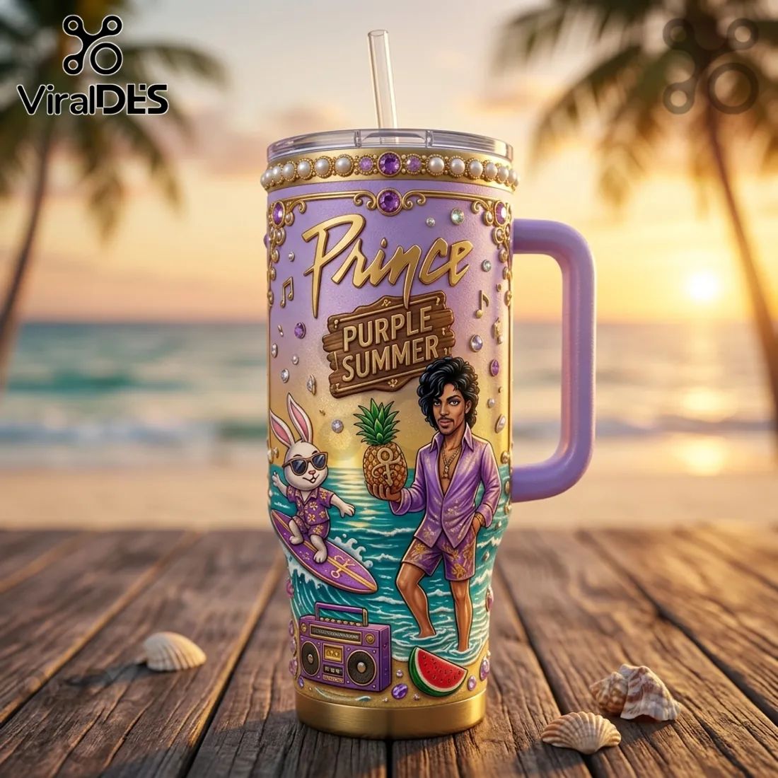Prince Purple Summer Session Tropical Beach Insulated Handle Tumbler