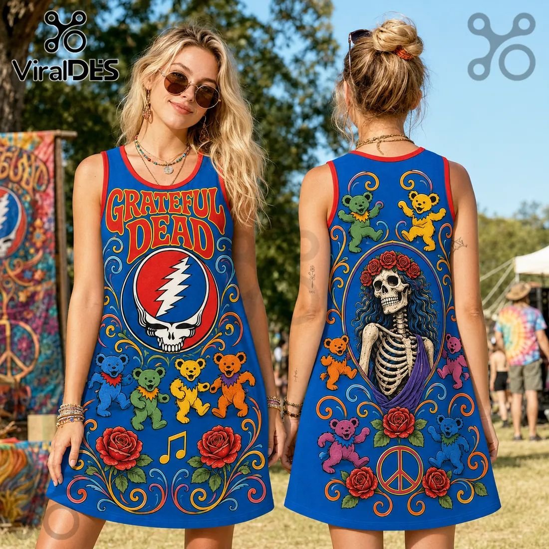 Grateful Dead Dancing Bears Blue Sleeveless Dress