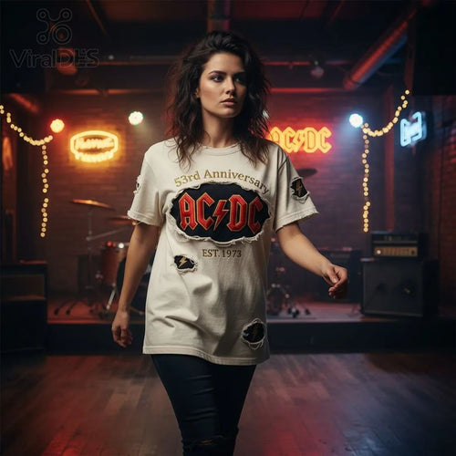 AC/DC 53rd Anniversary Vintage Distressed Embroidered Rock Band T-Shirt