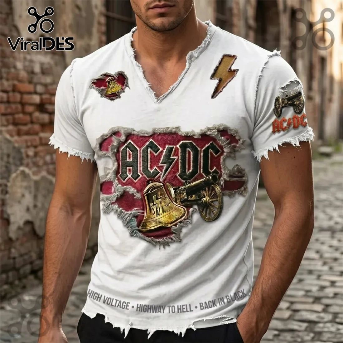 ACDC Distressed White T-Shirt with Bell and Cannon Cotton T-Shirt