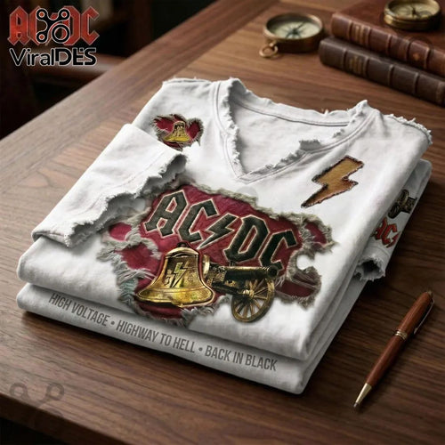 ACDC Distressed White T-Shirt with Bell and Cannon Cotton T-Shirt