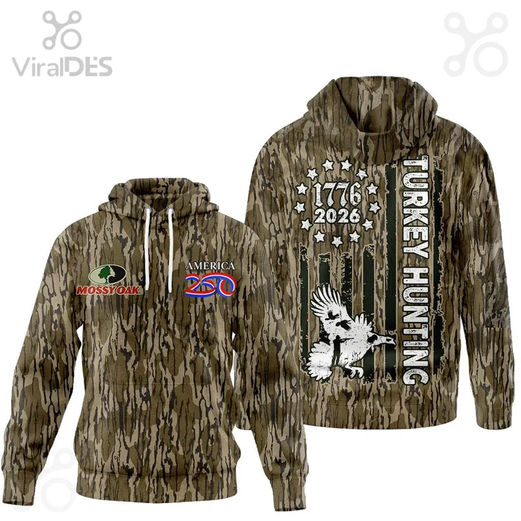 America 250th Anniversary Turkey Hunter Distressed Flag Camouflage T-Shirt